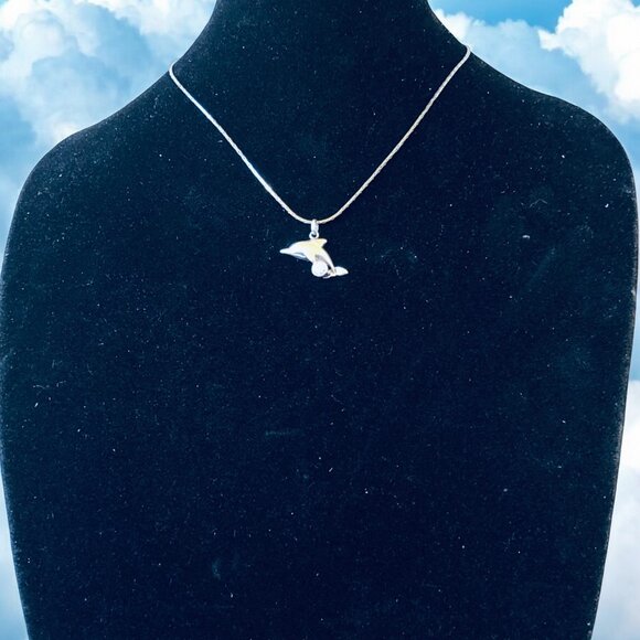 Dolphin Pendant & Necklace Sterling Silver CZ as is - Picture 7 of 10